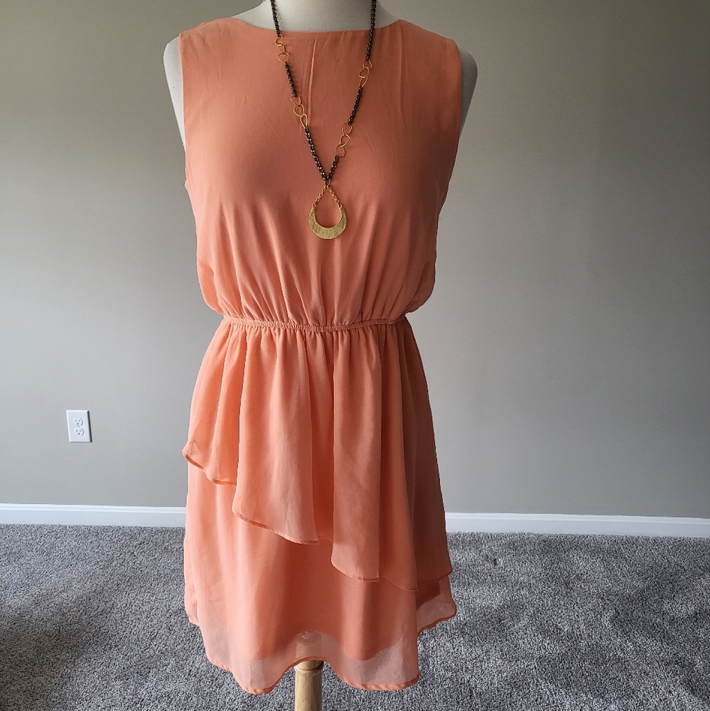 Forever 21 – Peach Melon Chiffon Style Sleeveless Summer Dress (Size L)